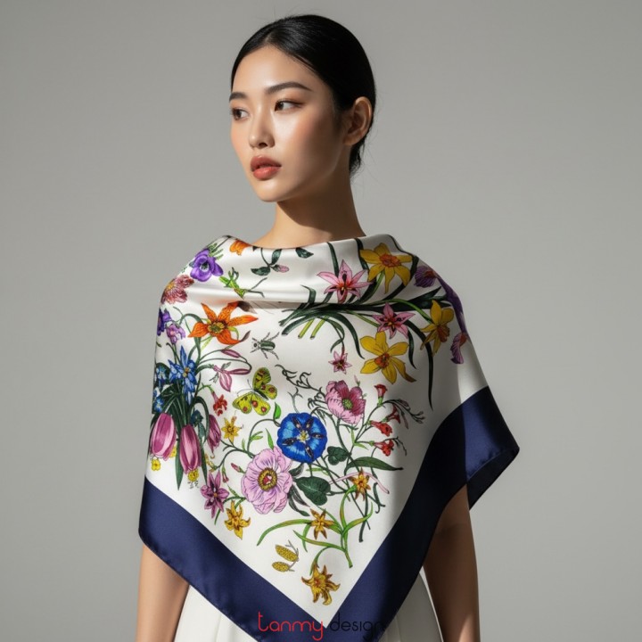 Square silk scarf with wild flower pattern and navy blue border